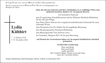 Traueranzeige von Lydia Kühhirt von Südthüringer Presse