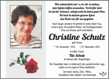 Traueranzeige von Christine Schulz von Südthüringer Presse
