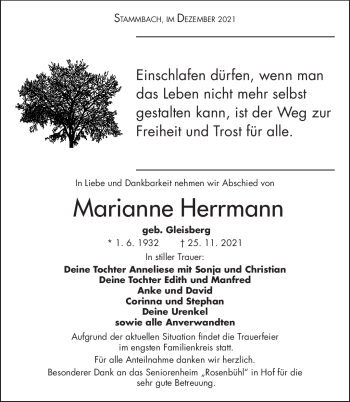 Traueranzeige von Marianne Herrmann von Frankenpost