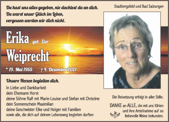 Traueranzeige von Erika Weiprecht von Südthüringer Presse