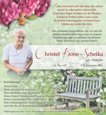 Traueranzeige von Christel Krone-Scheika von Südthüringer Presse