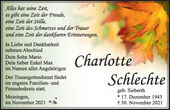 Traueranzeige von Charlotte Schlechte von Südthüringer Presse