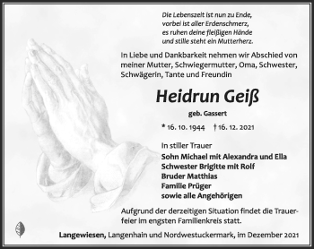 Traueranzeige von Heidrun Geiß von Südthüringer Presse