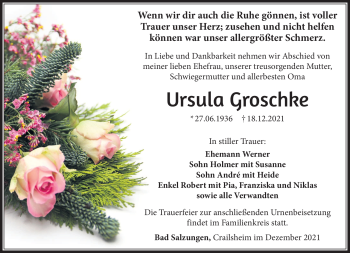 Traueranzeige von Ursula Groschke von Südthüringer Presse
