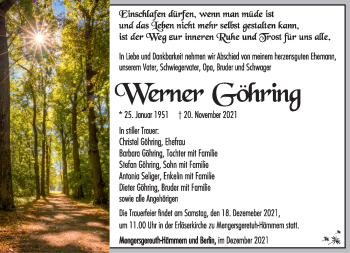 Traueranzeige von Werner Göhring von Südthüringer Presse