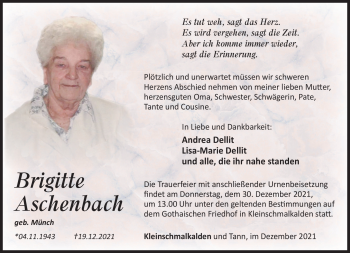Traueranzeige von Brigitte Aschenbachen von Südthüringer Presse