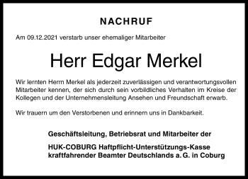 Traueranzeige von Edgar Merkel von Neue Presse Coburg