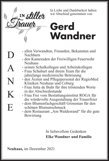 Traueranzeige von Gerd Wandner von Südthüringer Presse