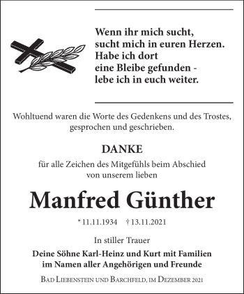 Traueranzeige von Manfred Günther von Südthüringer Presse