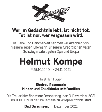 Traueranzeige von Helmut Kompe von Südthüringer Presse