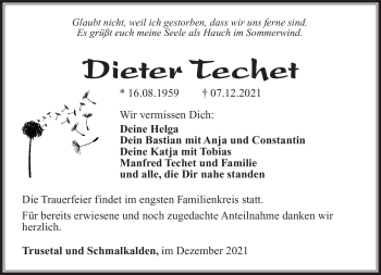 Traueranzeige von Dieter Techet von Südthüringer Presse
