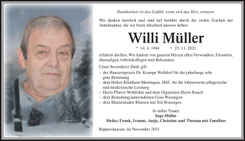 Traueranzeige von Willi Müller von Südthüringer Presse