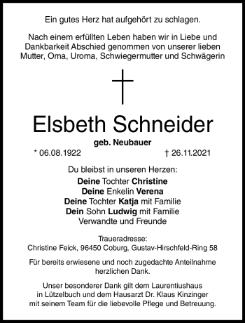 Traueranzeige von Elsbeth Schneider von Neue Presse Coburg