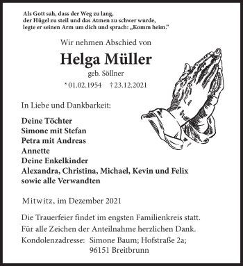 Traueranzeige von Helga Müller von Neue Presse Coburg