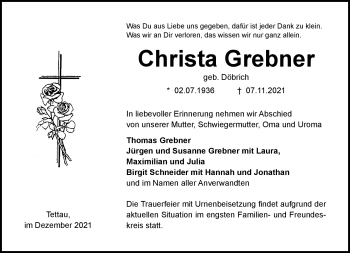 Traueranzeige von Christa Grebner von Neue Presse Coburg