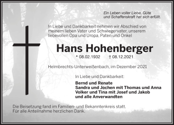 Traueranzeige von Hans Hohenberger von Frankenpost