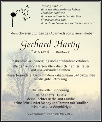 Traueranzeige von Gerhard Hartig von Südthüringer Presse