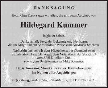 Traueranzeige von Hildegard Kummer von Südthüringer Presse