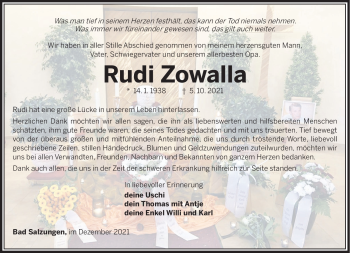 Traueranzeige von Rudi Zowalla von Südthüringer Presse