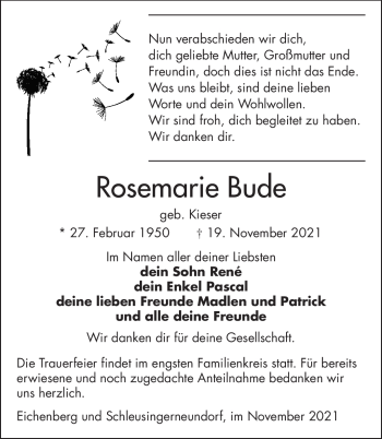 Traueranzeige von Rosemarie Bude von Südthüringer Presse