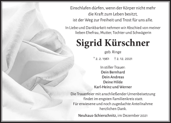 Traueranzeige von Sigrid Kürschner von Südthüringer Presse