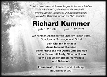 Traueranzeige von Richard Kummer von Südthüringer Presse