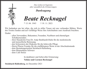 Traueranzeige von Beate Recknagel von Südthüringer Presse
