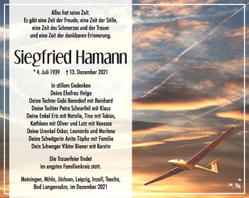 Traueranzeige von Siegfried Hamann von Südthüringer Presse