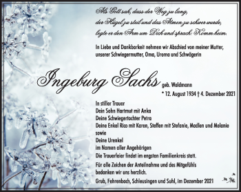 Traueranzeige von Ingeborg Sachs von Südthüringer Presse