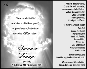 Traueranzeige von Carmen Lange von Südthüringer Presse