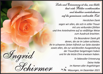 Traueranzeige von Ingrid Schirmer von Südthüringer Presse