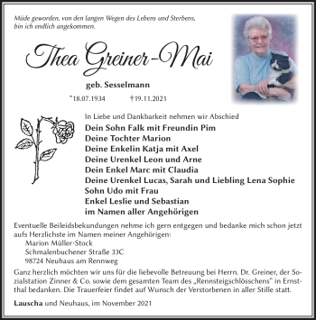 Traueranzeige von Thea Greiner-Mai von Südthüringer Presse