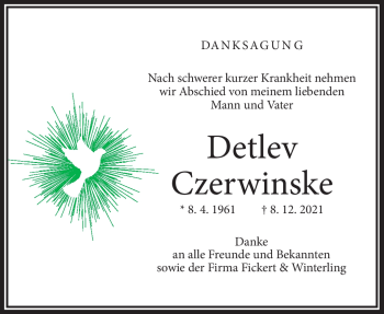 Traueranzeige von Detlev Czerwinske von Frankenpost