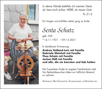 Traueranzeige von Senta Schatz von Südthüringer Presse