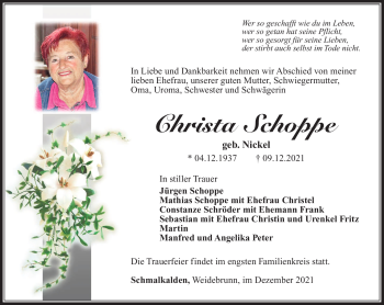 Traueranzeige von Christa Schoppe von Südthüringer Presse