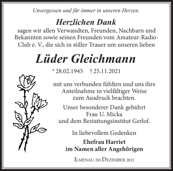Traueranzeige von Lüder Gleichmann von Südthüringer Presse