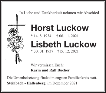 Traueranzeige von HorstLisbeth LuckowLuckow von Südthüringer Presse