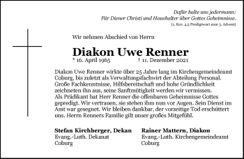 Traueranzeige von Uwe Renner von Neue Presse Coburg