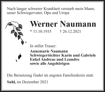 Traueranzeige von Werner Naumann von Südthüringer Presse