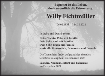 Traueranzeige von Willy Fichtmüller von Südthüringer Presse