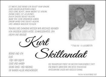 Traueranzeige von Kurt Skillandat von Südthüringer Presse