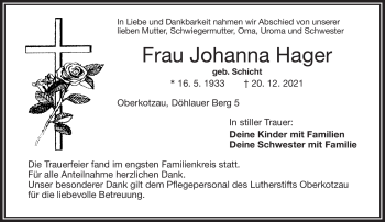 Traueranzeige von Johanna Hager von Frankenpost