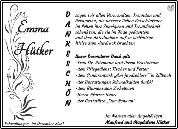 Traueranzeige von Emma Hütker von Südthüringer Presse