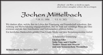 Traueranzeige von Jochen Mittelbach von Südthüringer Presse