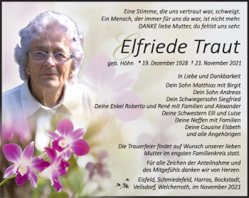 Traueranzeige von Elfriede Traut von Südthüringer Presse