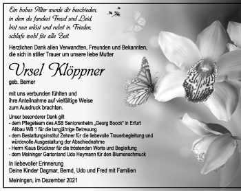 Traueranzeige von Ursel Klöppner von Südthüringer Presse
