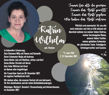 Traueranzeige von Katrin Wilhelm von Südthüringer Presse