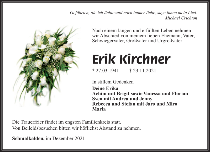  Traueranzeige für Erik Kirchner vom 04.12.2021 aus Südthüringer Presse