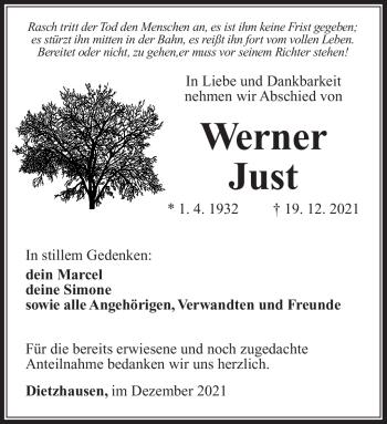 Traueranzeige von Werner Just von Südthüringer Presse