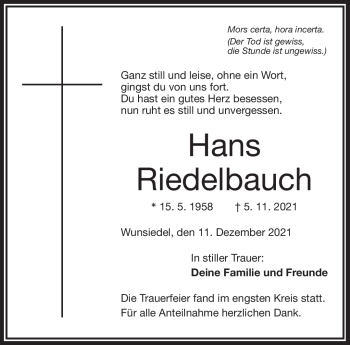 Traueranzeige von Hans Riedelbauch von Frankenpost